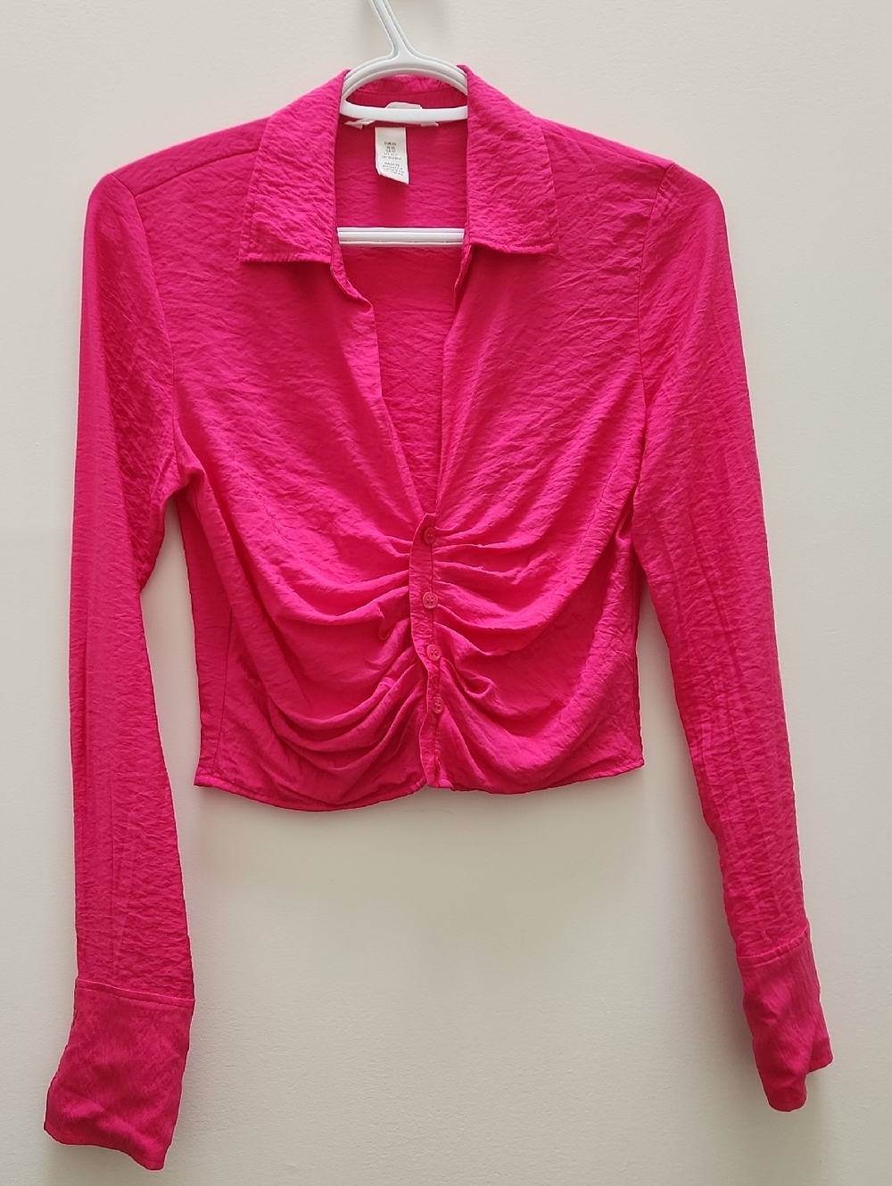 Hot Pink Ruched Button-Front Long Sleeve Top